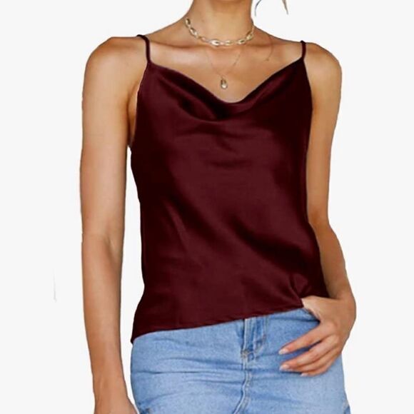 Cowl Neck Satin Cami Silky Cami Tank Top Soft - Picture 1 of 8
